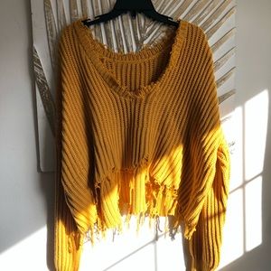 Trendy mustard frayed cropped sweater